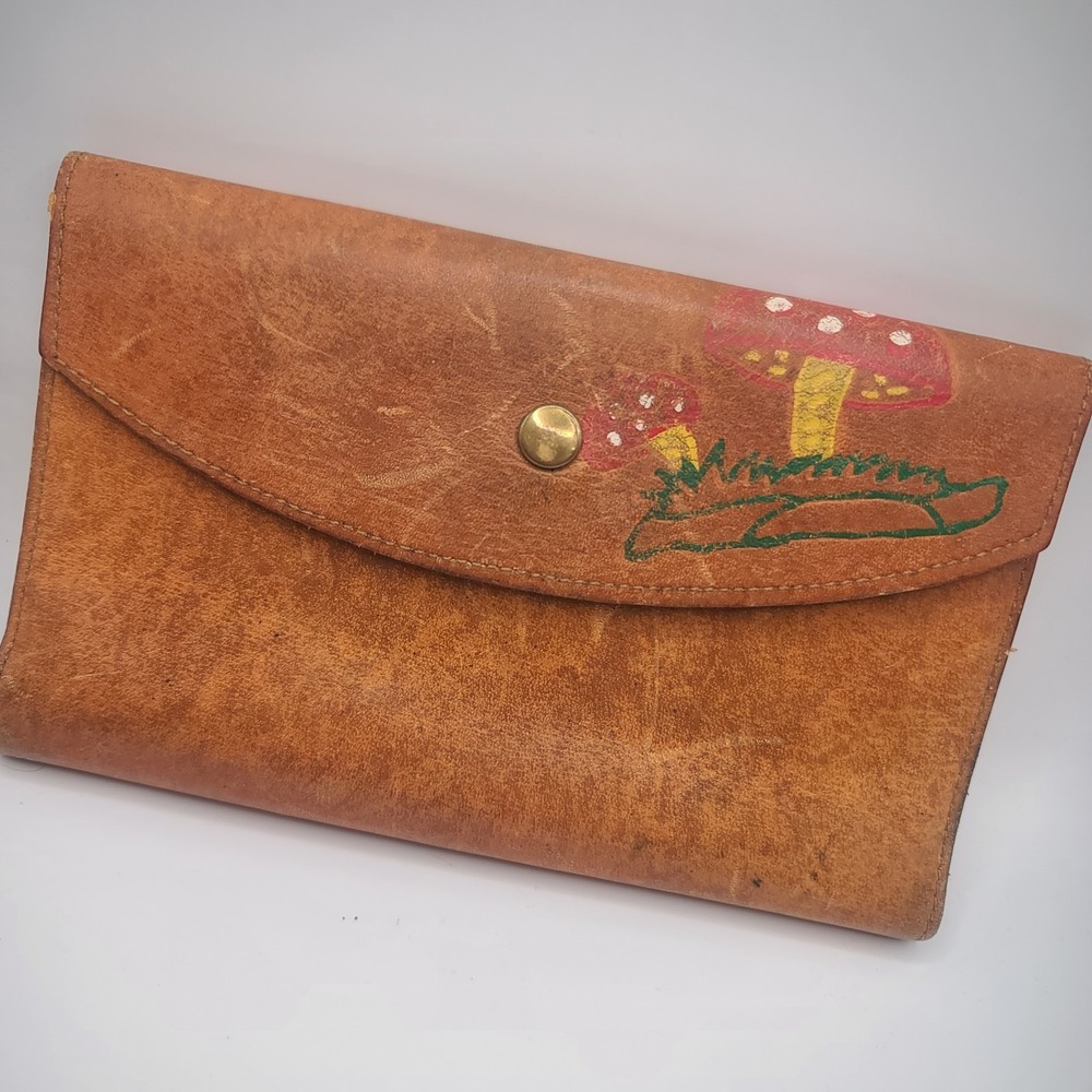 Vintage 70's Boho Leather Wallet Painted Mushroom Mushies Hippie Folkart Western